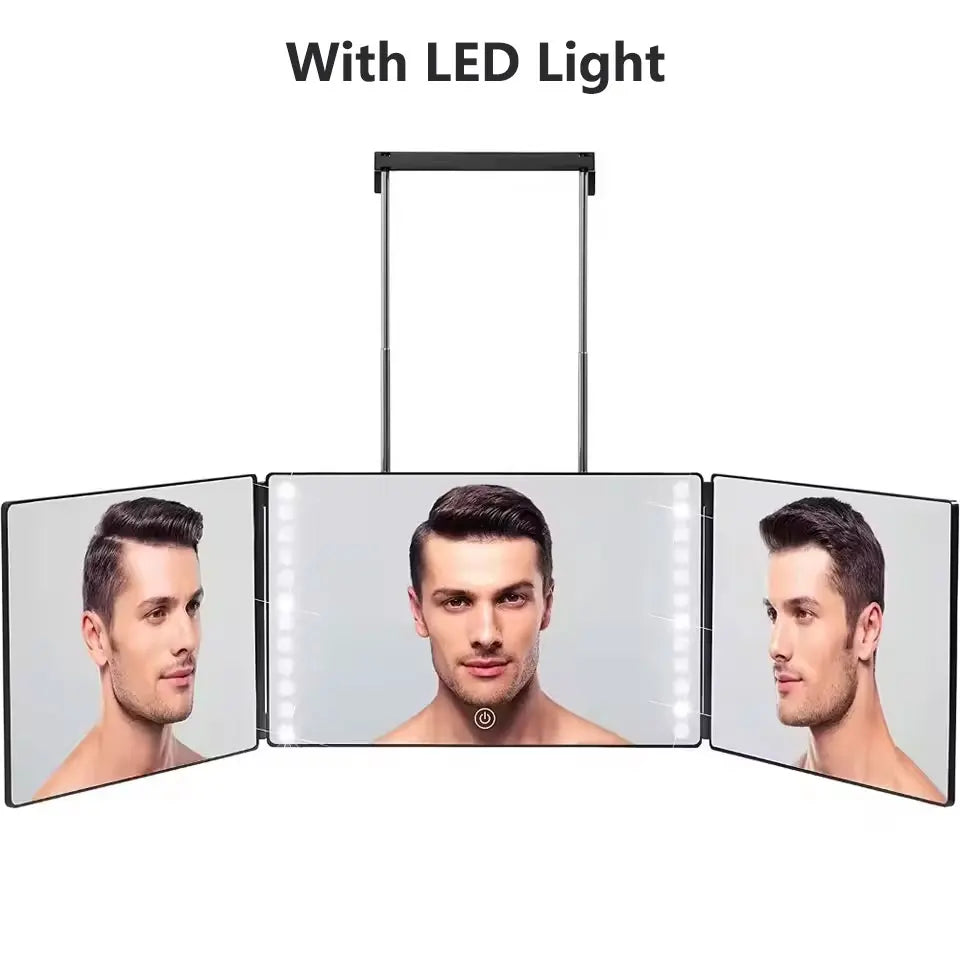 Trifold LED Mirror with Light - Adjustable Height 3-Way Self Haircut & Makeup Mirror