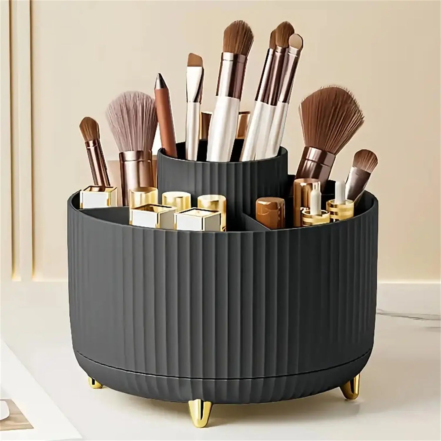360° Rotating Makeup Organizer – Plastic Cosmetic Storage with 5 Compartments for Brushes