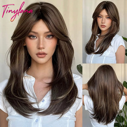 Heat-Resistant Brown Ombre Synthetic Wig with Bangs & Layers for Women