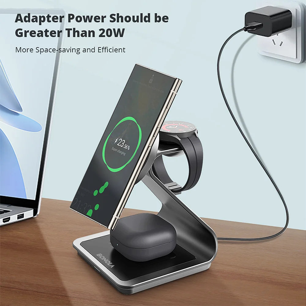 Bonola Magnetic 3-in-1 Wireless Charger Station - 25W Fast Charging Stand for Samsung S24 Ultra/S25, Galaxy Watch 7/6/5 & Earbuds