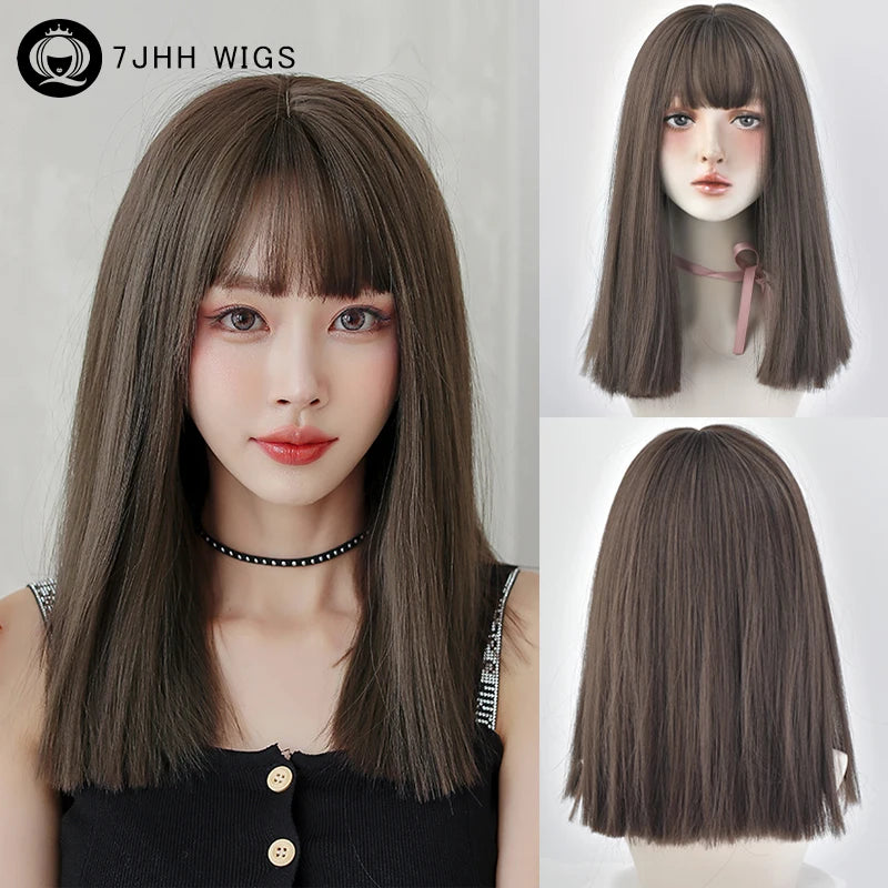 Straight Layered Blonde Wig with Neat Bangs - High Density Synthetic Hair for Women