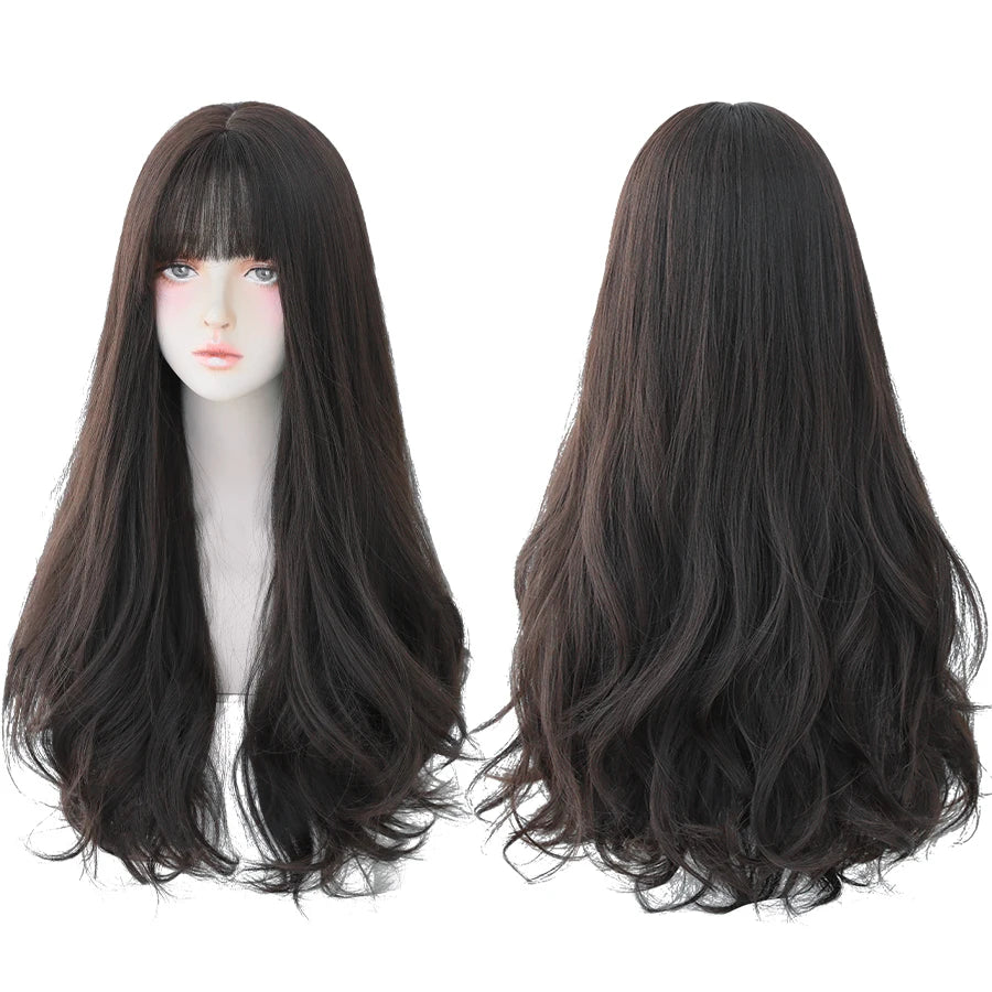 7JHH Popular Brown Ash Long Deep Wave Wig with Bangs for Women