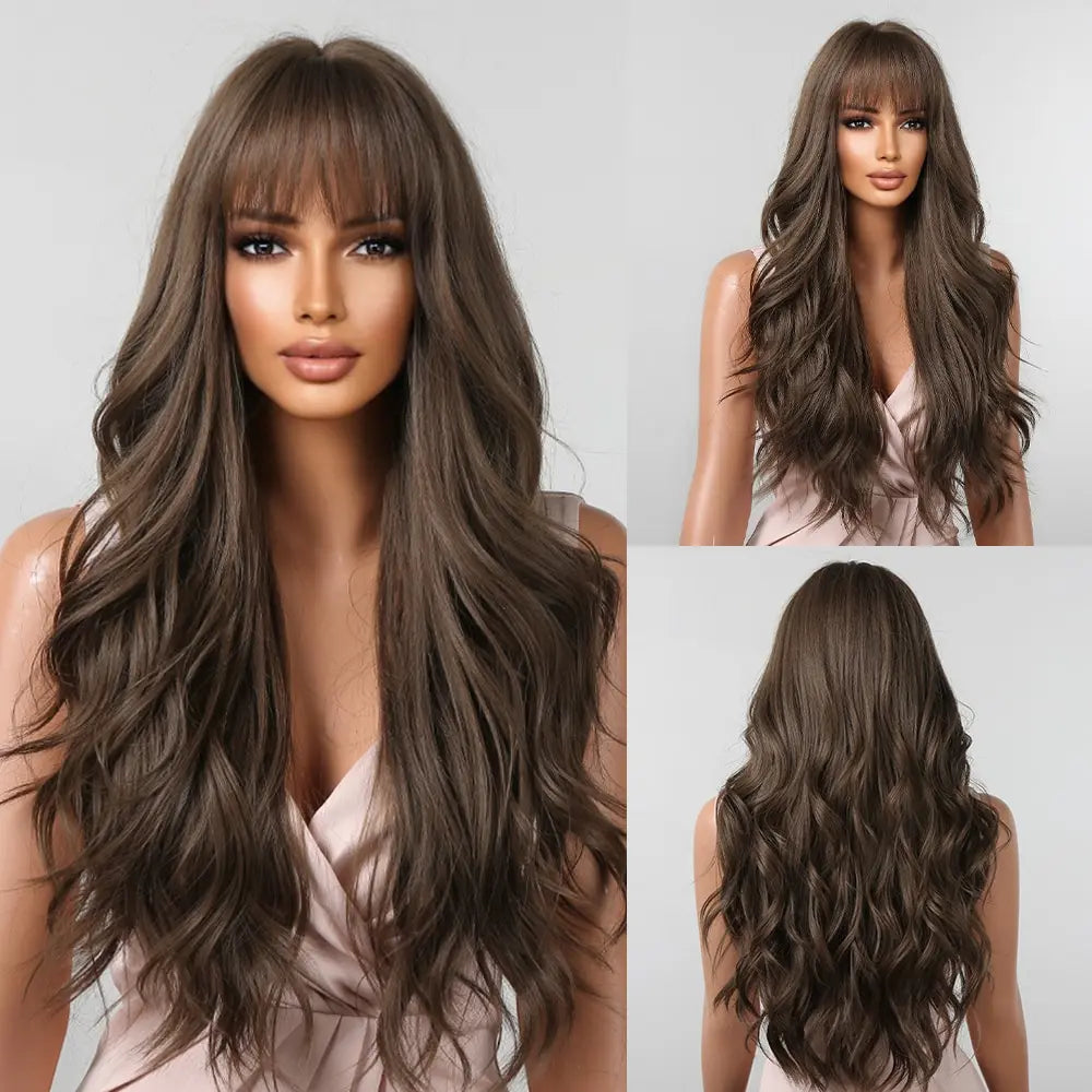 Brown Wavy Wig with Bangs for Women Heat-Resistant Synthetic Hair Cosplay