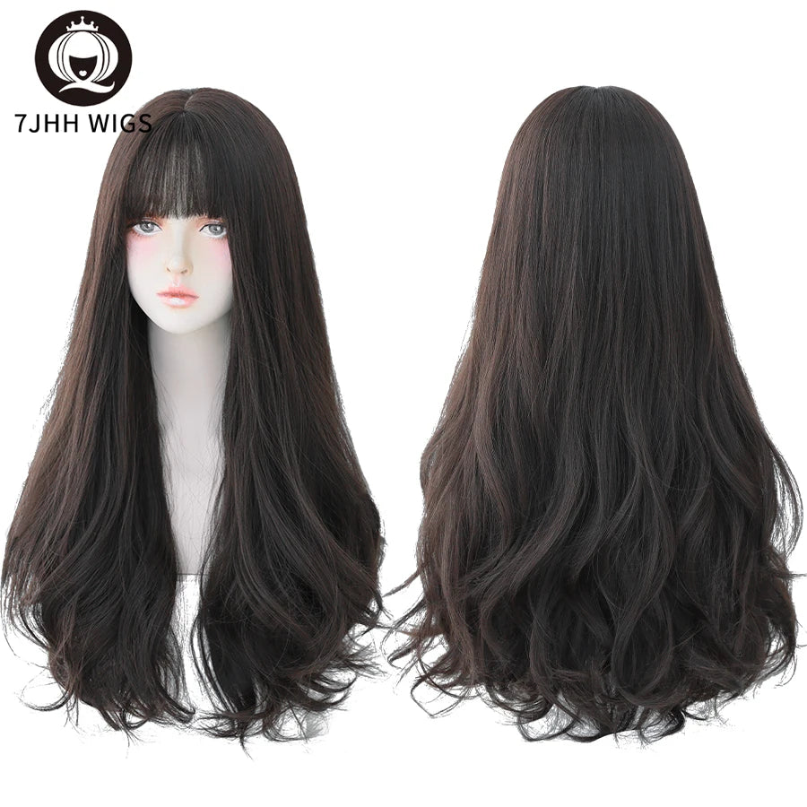 7JHH Popular Brown Ash Long Deep Wave Wig with Bangs for Women