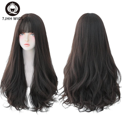 7JHH Popular Brown Ash Long Deep Wave Wig with Bangs for Women