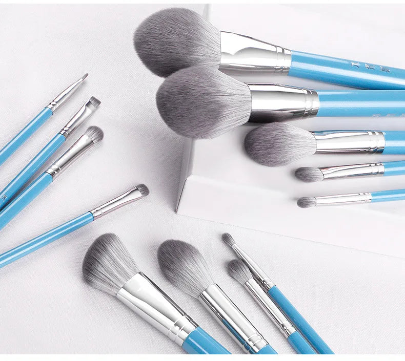 13pcs Blue Makeup Brush Set – Powder, Blusher, Eyeshadow, Eyebrow & Lip Brushes