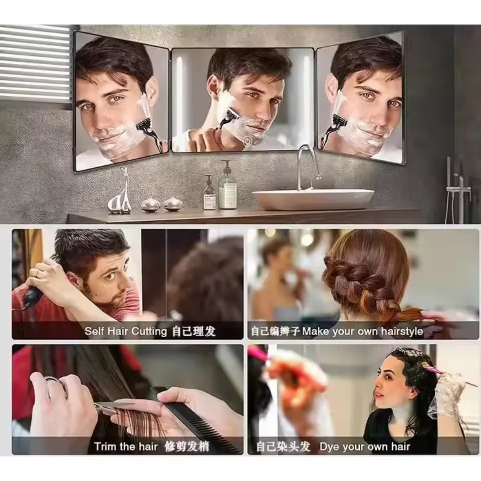 Trifold LED Mirror with Light - Adjustable Height 3-Way Self Haircut & Makeup Mirror