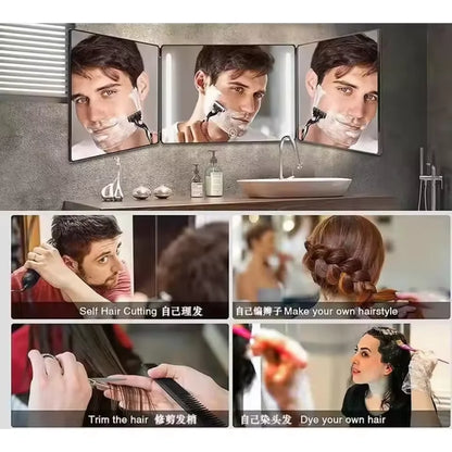 Trifold LED Mirror with Light - Adjustable Height 3-Way Self Haircut & Makeup Mirror