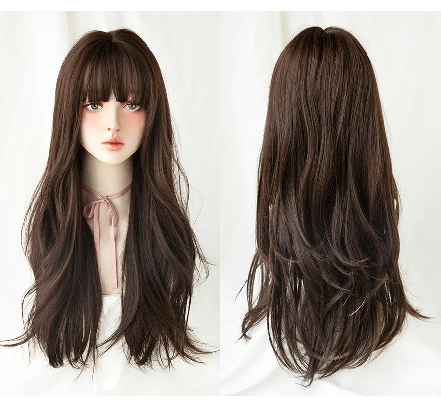 7JHH Popular Brown Ash Long Deep Wave Wig with Bangs for Women