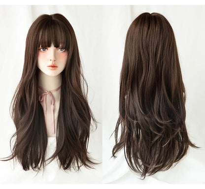 7JHH Popular Brown Ash Long Deep Wave Wig with Bangs for Women