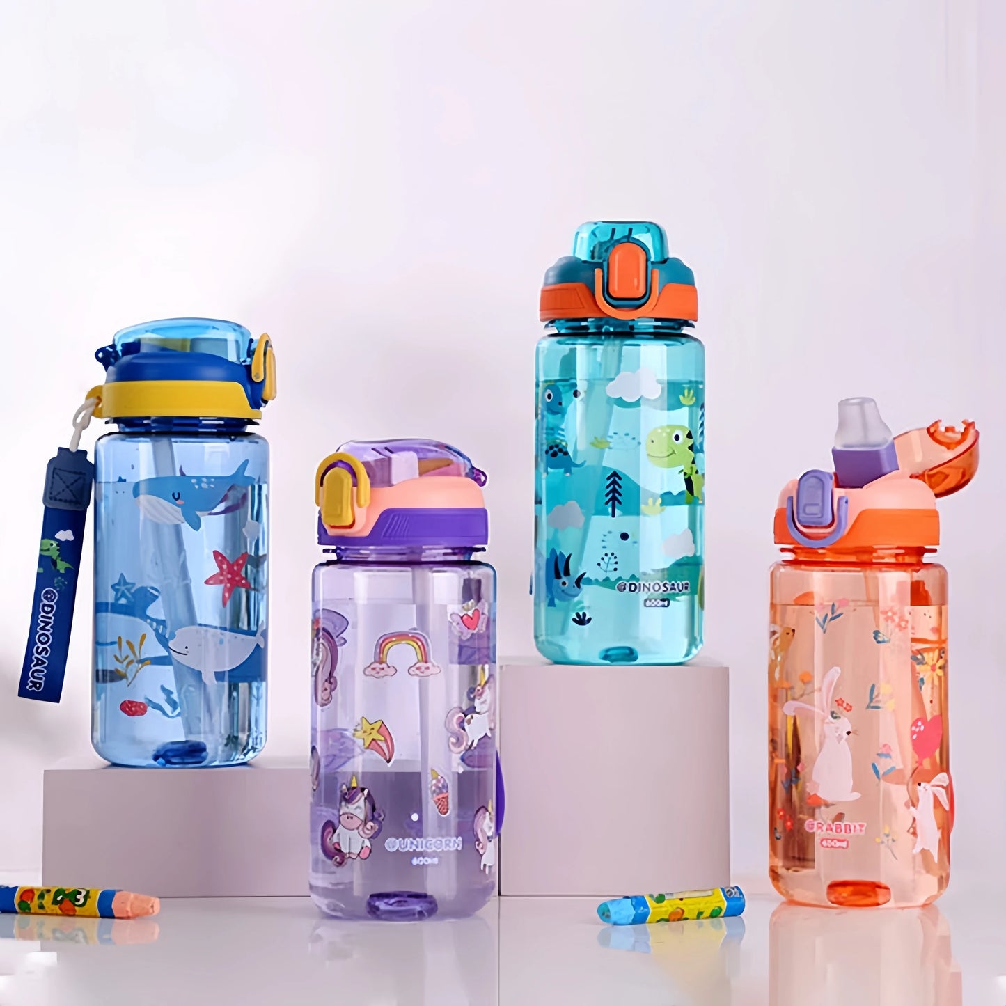600ml Dinosaur Water Bottle for Kids, Leakproof Sippy Cup with Silicone Straw