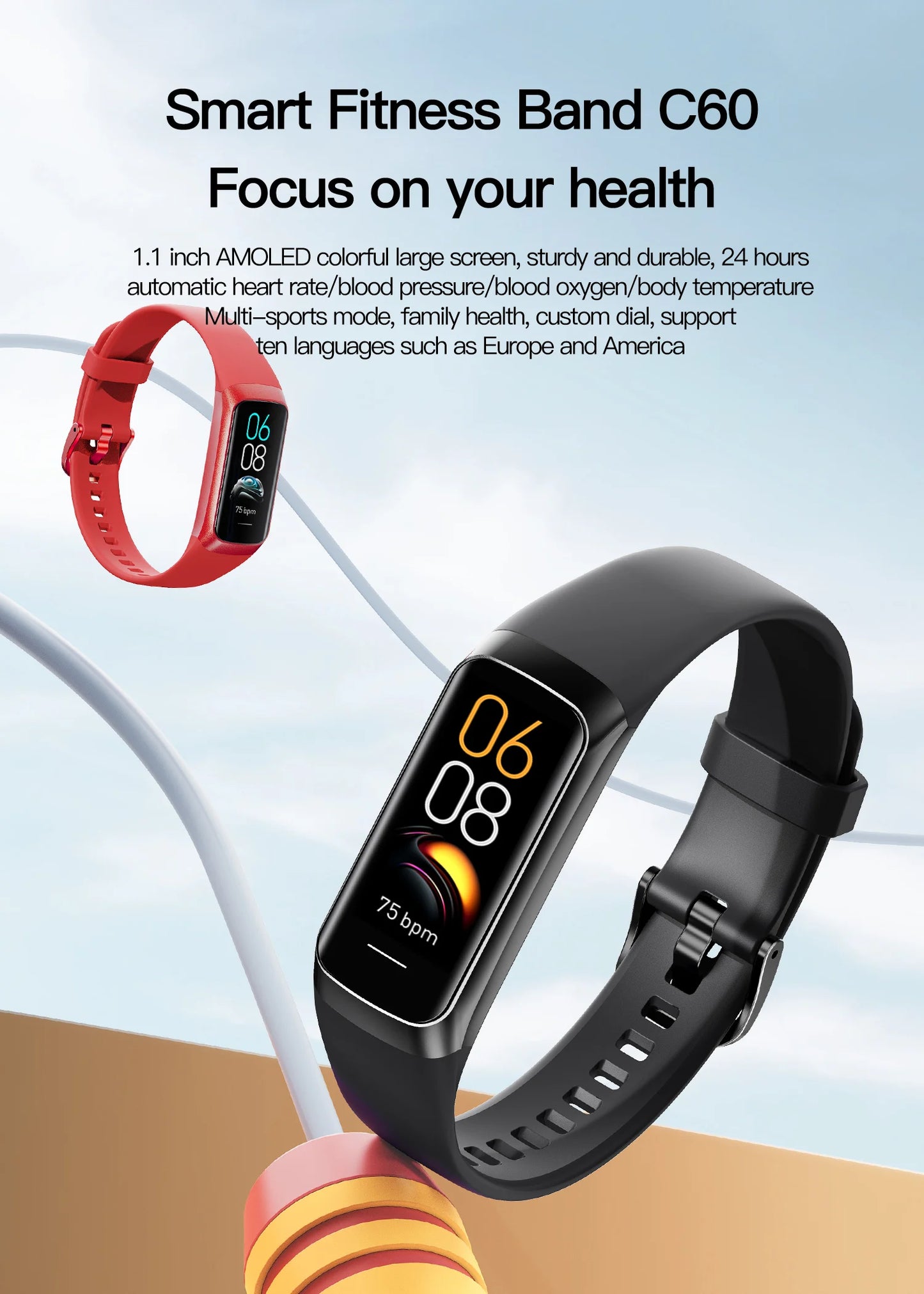 AMOLED Smartwatch with Body Temperature Monitor, Fitness Tracker, 3ATM Waterproof, for Men & Women, Compatible with IOS/Xiaomi