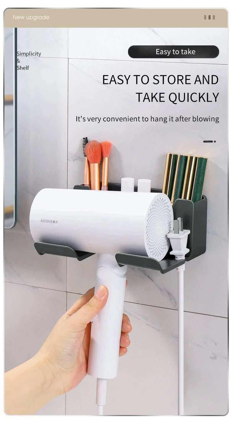 Wall-Mounted Hair Dryer Holder, Organizer Box & Straightener Stand for Bathroom Accessories