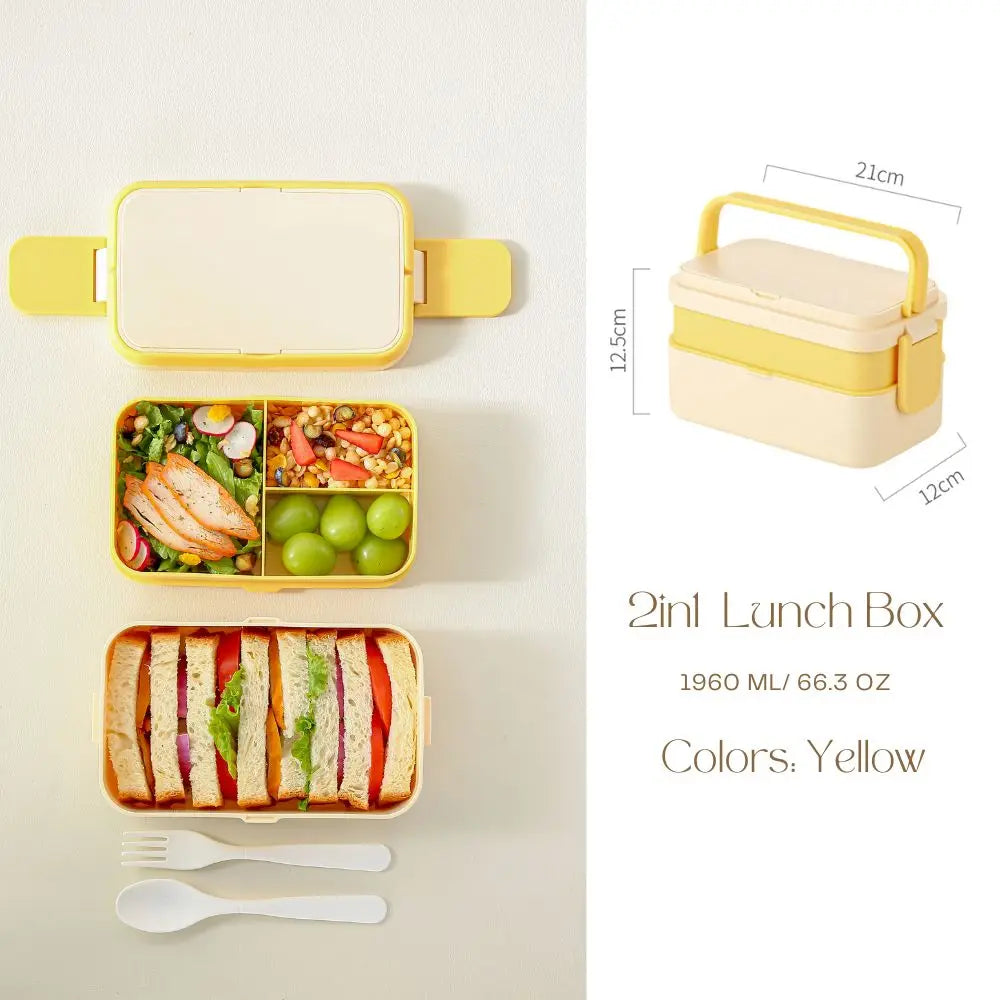 2-Layer Bento Box with Handle, Large Capacity Leak-Proof Lunch Box for Kids, Microwave Safe