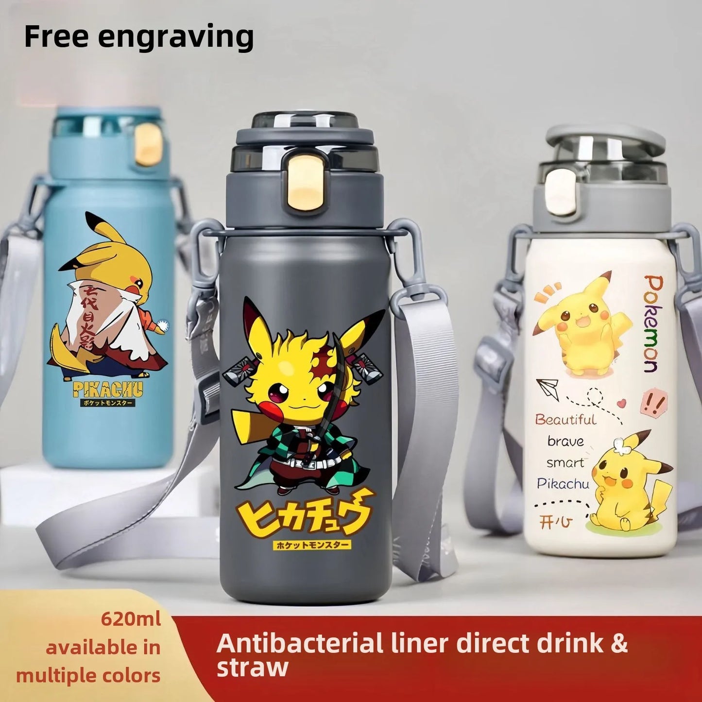 620ML Pikachu Stainless Steel Thermos Bottle – Anime Vacuum Flask with Rope and Large Capacity
