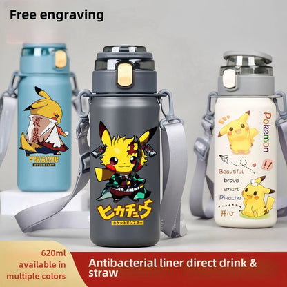620ML Pikachu Stainless Steel Thermos Bottle – Anime Vacuum Flask with Rope and Large Capacity