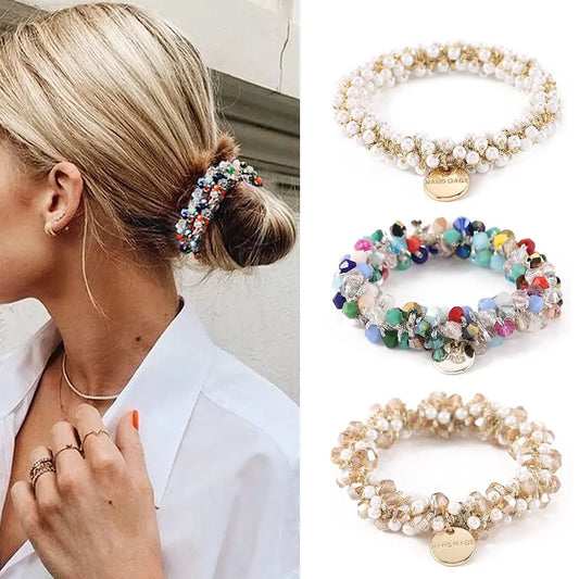 Crystal Pearls Hair Rope Handmade Elastic Beaded Ponytail Holder for Women & Girls Hair Accessories
