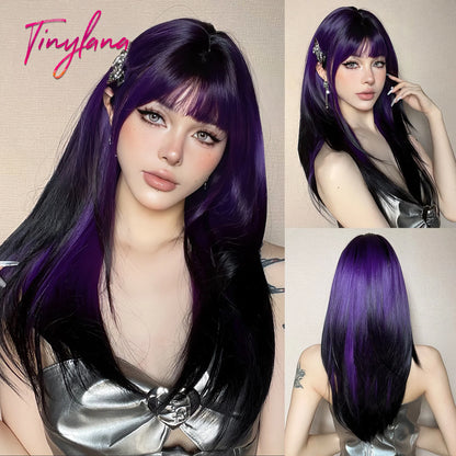 Heat-Resistant Brown Ombre Synthetic Wig with Bangs & Layers for Women