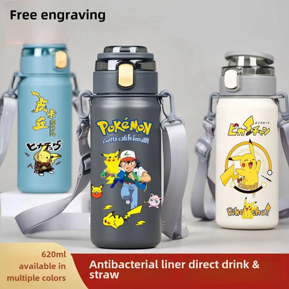 620ML Pikachu Stainless Steel Thermos Bottle – Anime Vacuum Flask with Rope and Large Capacity