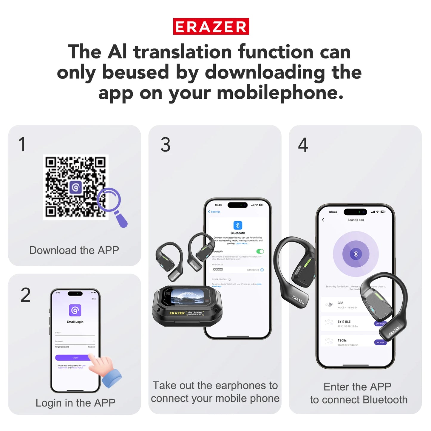 Erazer XP6 AI Translator Earbuds - Wireless Gaming Headset with Equalizer App & Waterproof Bluetooth Earphones
