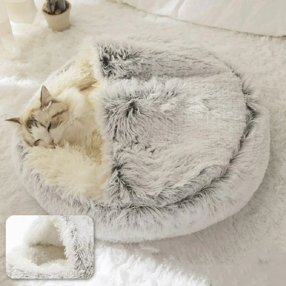 Plush Hooded Pet Bed – 2-in-1 Fluffy Sleeping Nest for Cats & Small Dogs