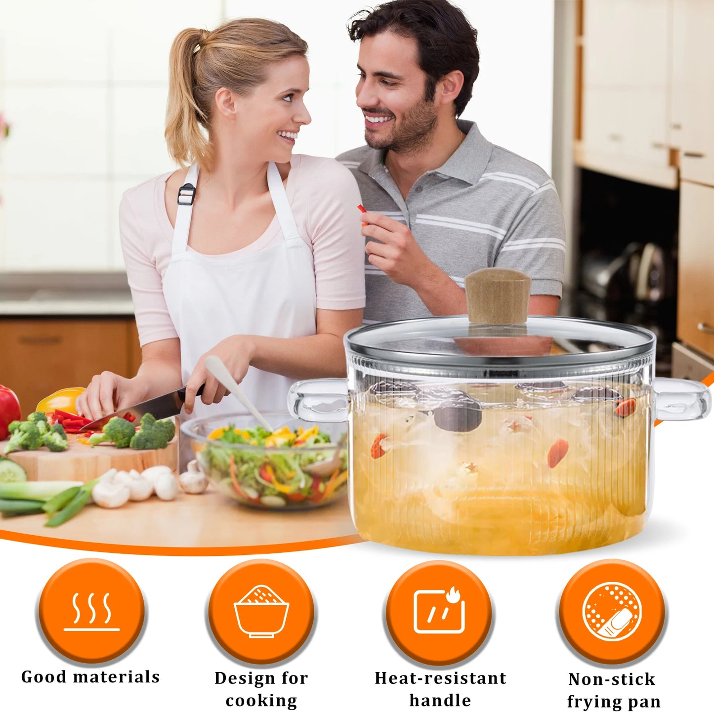 1.6L Glass Saucepan with Lid and Dual Handles, Heat Resistant Soup Pot