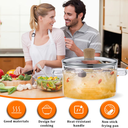 1.6L Glass Saucepan with Lid and Dual Handles, Heat Resistant Soup Pot