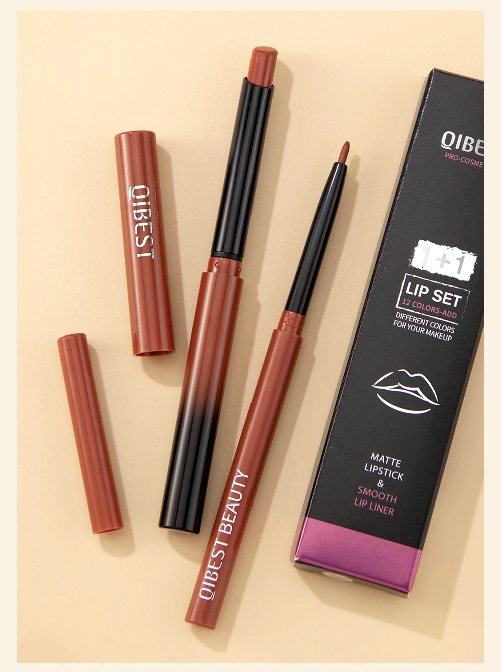 QIBEST 2PC Matte Velvet Lipstick & Lipliner Set - Long Lasting Red Lip Contour Pencil