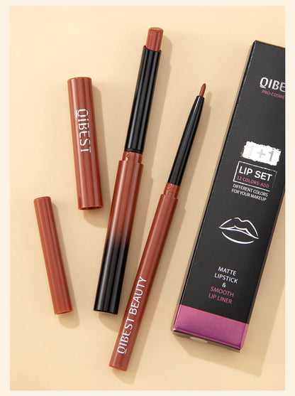 QIBEST 2PC Matte Velvet Lipstick & Lipliner Set - Long Lasting Red Lip Contour Pencil