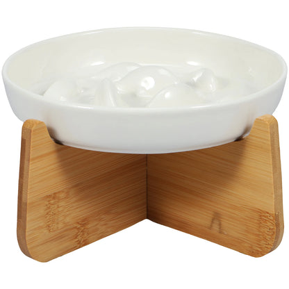 Raised Ceramic Cat Bowl with Wood Stand - Anti-Vomiting Slow Feeder