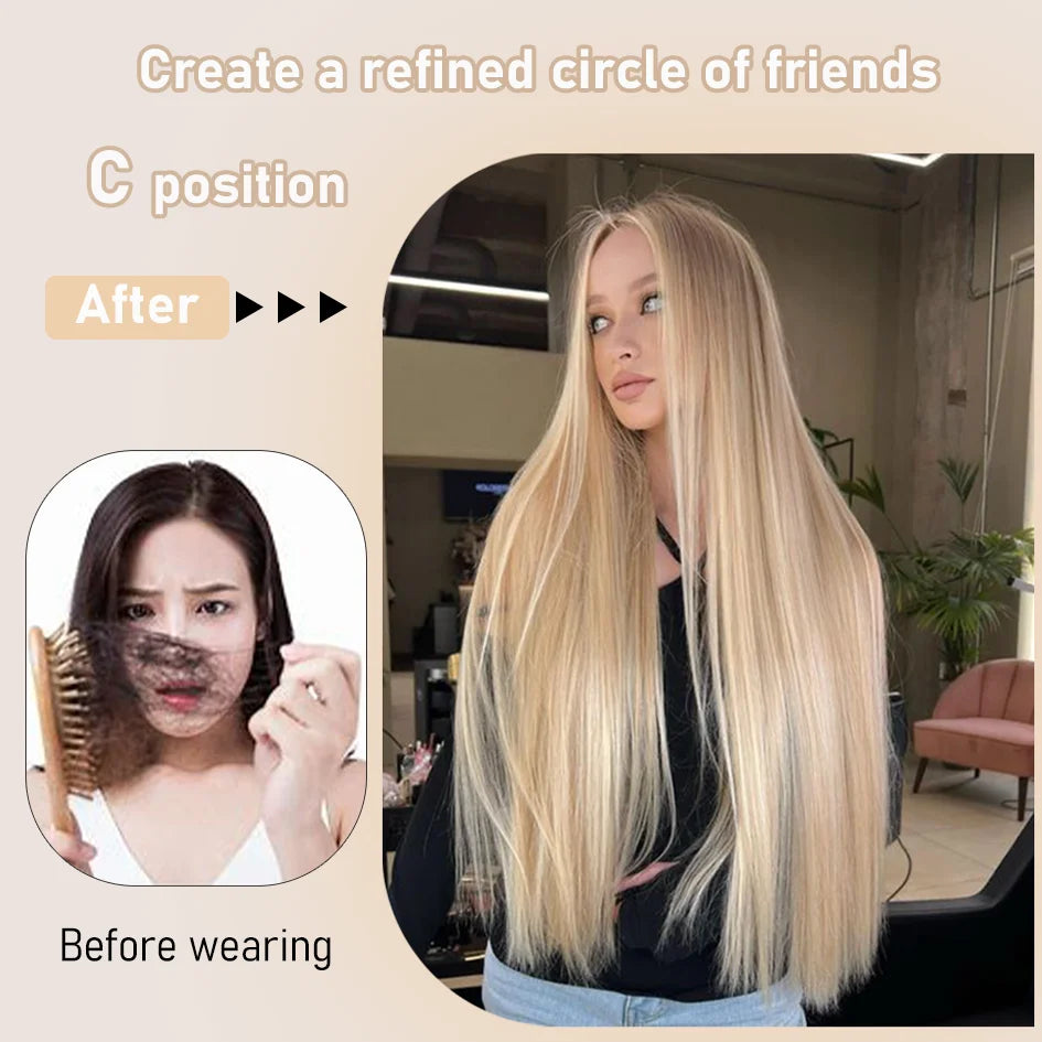 Synthetic Linen Long Straight Hair Wig with Bangs & Curly Ponytail Extensions