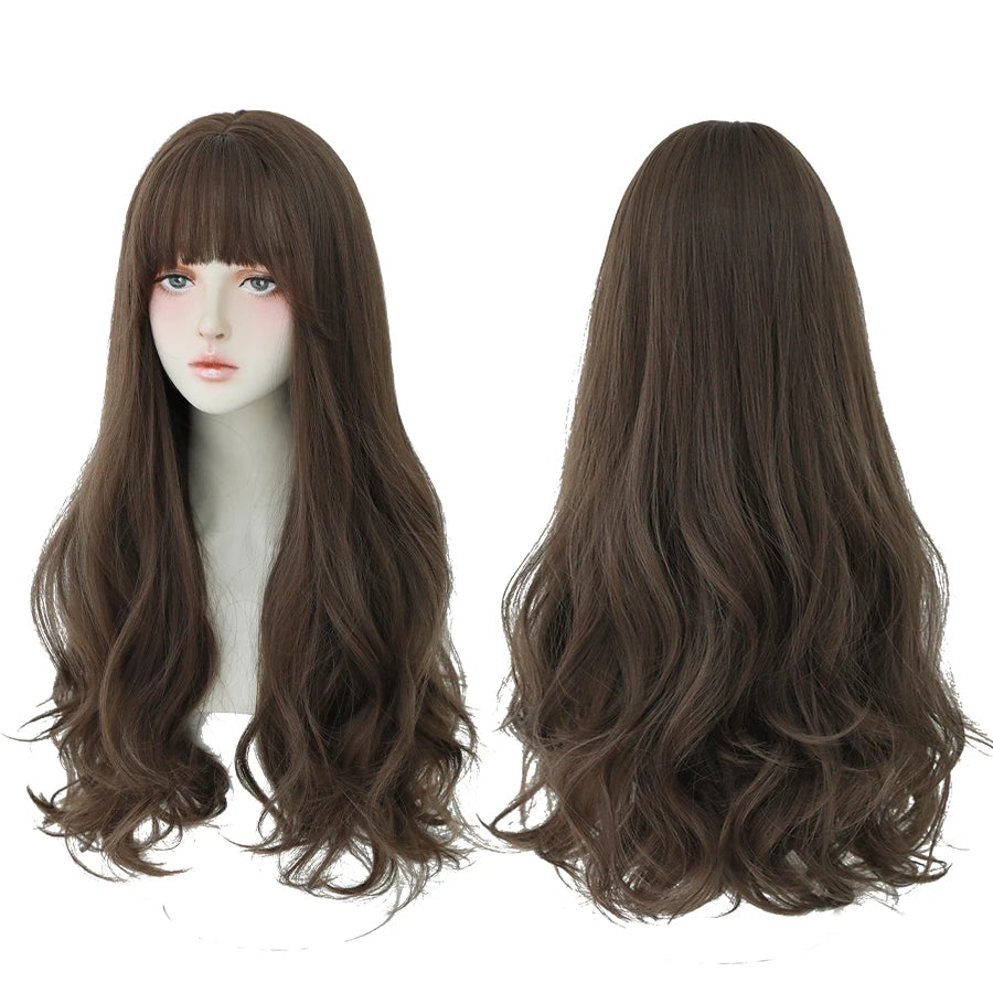7JHH Popular Brown Ash Long Deep Wave Wig with Bangs for Women