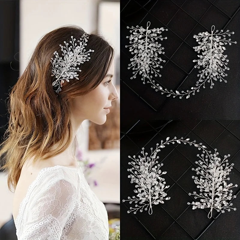 Bridal Hair Accessories - Crystal Pearl Rhinestone Tiara Headband with Leaf Design for Women