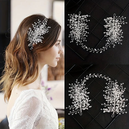 Bridal Hair Accessories - Crystal Pearl Rhinestone Tiara Headband with Leaf Design for Women
