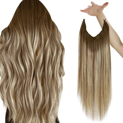 VeSunny Fish Line Human Hair Extension - Invisible Wire One-Piece Blonde Hair Weft with Clips