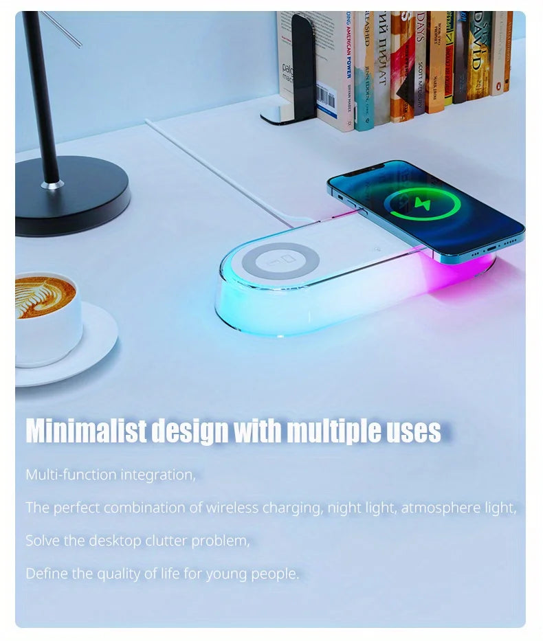 Wireless Charger Alarm Clock - 15W Fast Charging Dock with LED Light, Thermometer & Earphone Stand for iPhone & Samsung