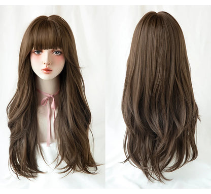 7JHH Popular Brown Ash Long Deep Wave Wig with Bangs for Women
