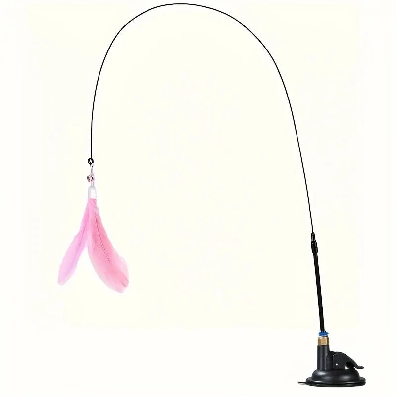 Cat Teaser Toy Interactive Bell & Feather Wand with Long Suction Cup Pole for Playtime Adventures