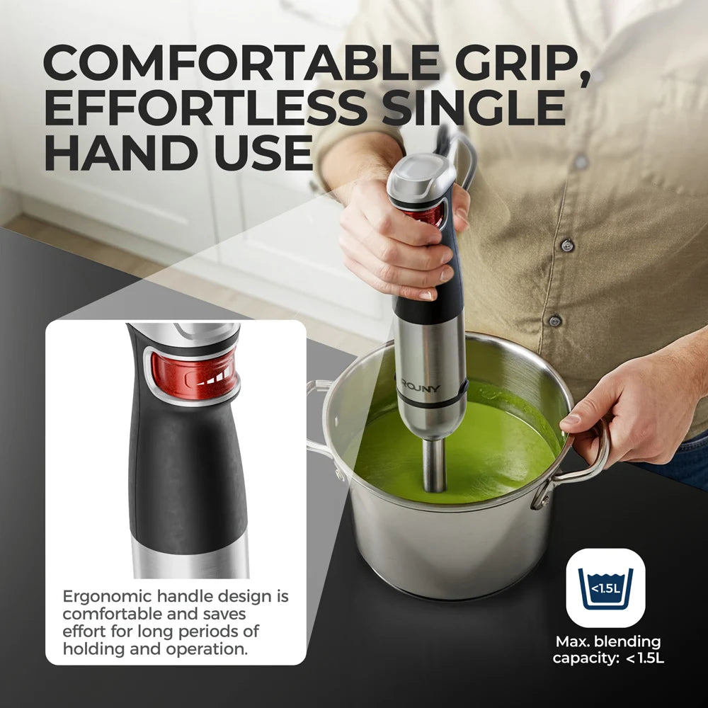 6-in-1 Electric Handheld Stick Blender - Stainless Steel Blades, 1500W for Home & Kitchen