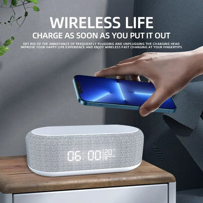 Wireless Charger Alarm Clock - 15W Fast Charging Dock with LED Light, Thermometer & Earphone Stand for iPhone & Samsung