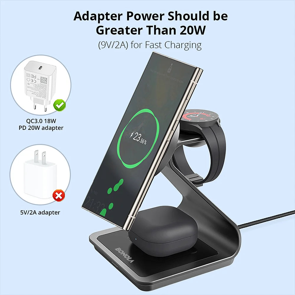 Bonola Magnetic 3-in-1 Wireless Charger Station - 25W Fast Charging Stand for Samsung S24 Ultra/S25, Galaxy Watch 7/6/5 & Earbuds