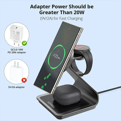 Bonola Magnetic 3-in-1 Wireless Charger Station - 25W Fast Charging Stand for Samsung S24 Ultra/S25, Galaxy Watch 7/6/5 & Earbuds