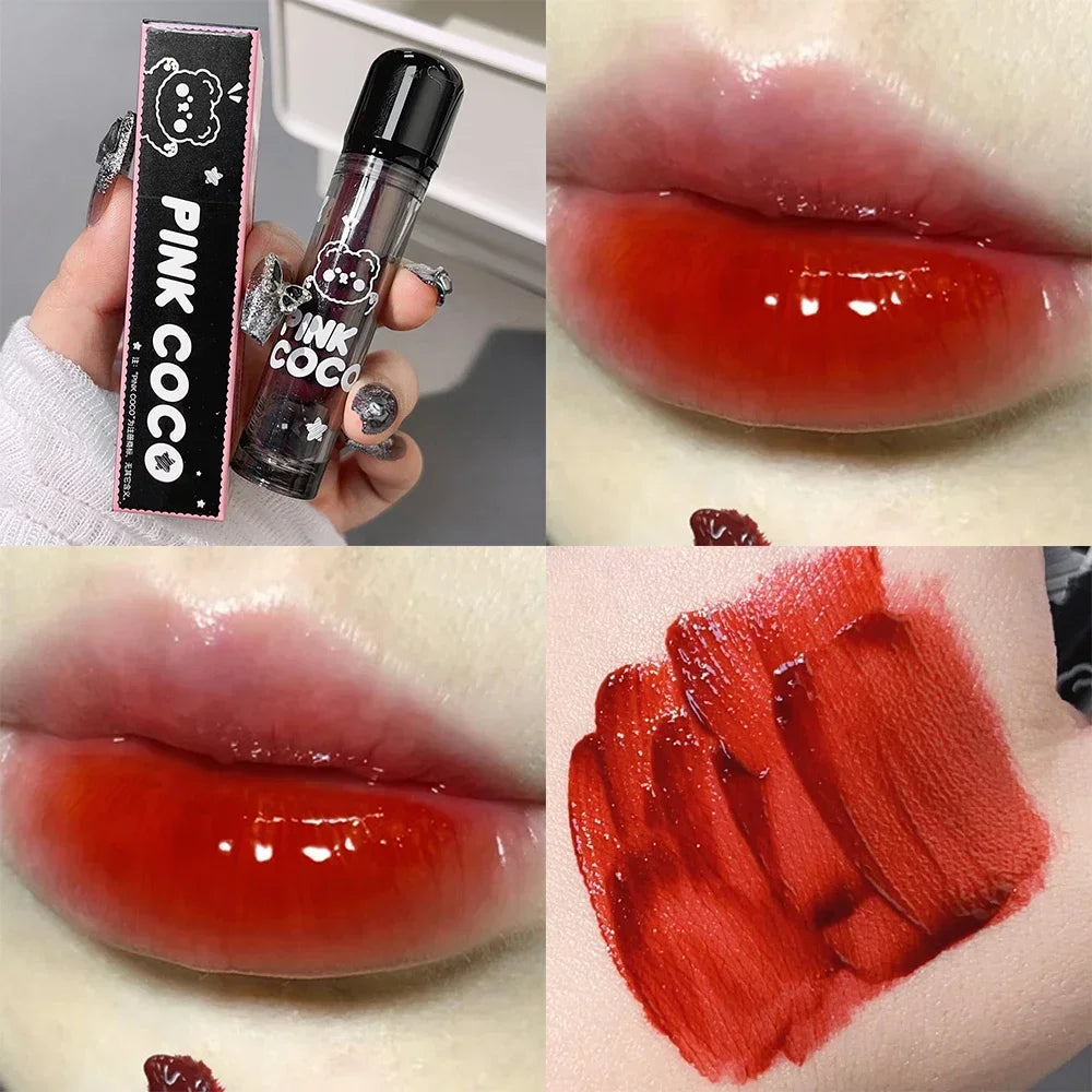 Dark Black Mirror Water Lip Gloss - Moisturizing, Long-Lasting Non-Stick Cup Lipstick in Tea Brown & Red