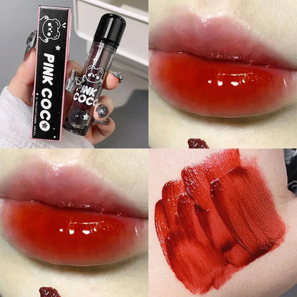 Dark Black Mirror Water Lip Gloss - Moisturizing, Long-Lasting Non-Stick Cup Lipstick in Tea Brown & Red