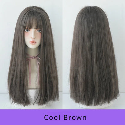 Straight Layered Blonde Wig with Neat Bangs - High Density Synthetic Hair for Women