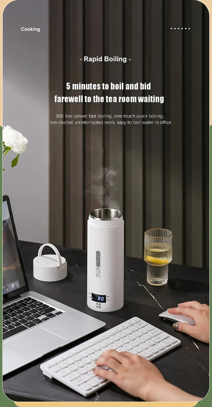 Portable Electric Kettle - Mini Travel Tea & Coffee Boil Water, Keep Warm, Anti-Scald Thermo Bottle