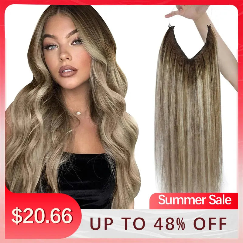 VeSunny Fish Line Human Hair Extension - Invisible Wire One-Piece Blonde Hair Weft with Clips