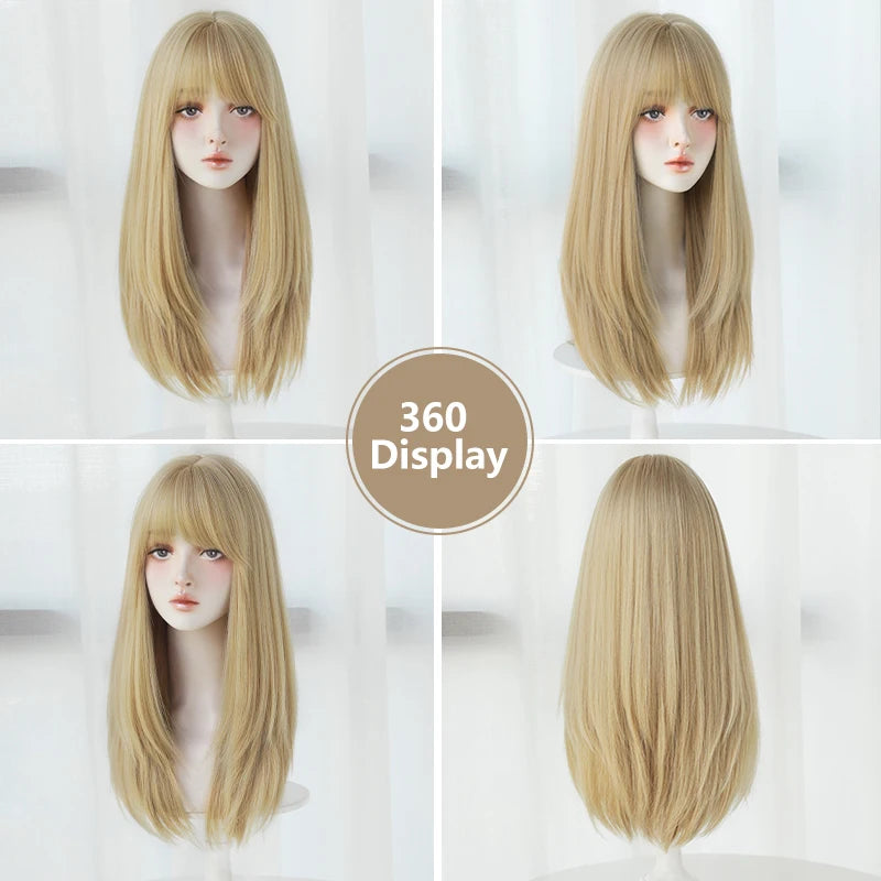 Straight Layered Blonde Wig with Neat Bangs - High Density Synthetic Hair for Women