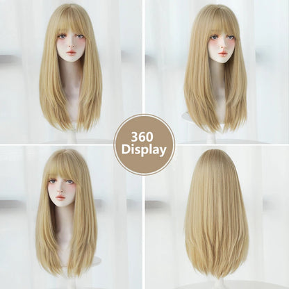 Straight Layered Blonde Wig with Neat Bangs - High Density Synthetic Hair for Women