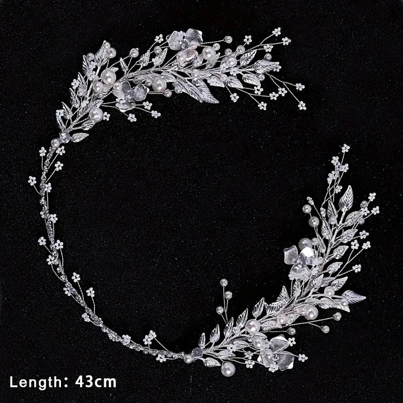 Bridal Hair Accessories - Crystal Pearl Rhinestone Tiara Headband with Leaf Design for Women